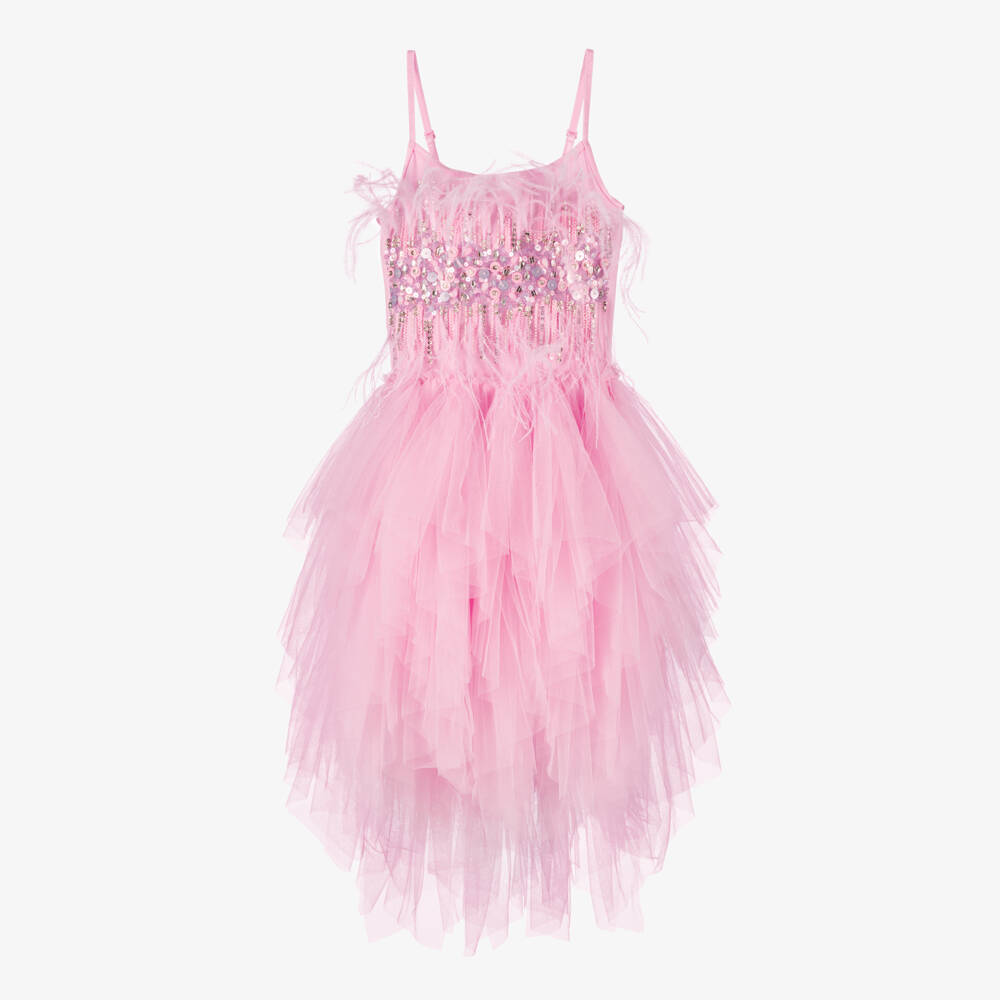 Tutu du Monde-Girls Pink Sequin & Feather Embellished Tulle Dress | Childrensalon