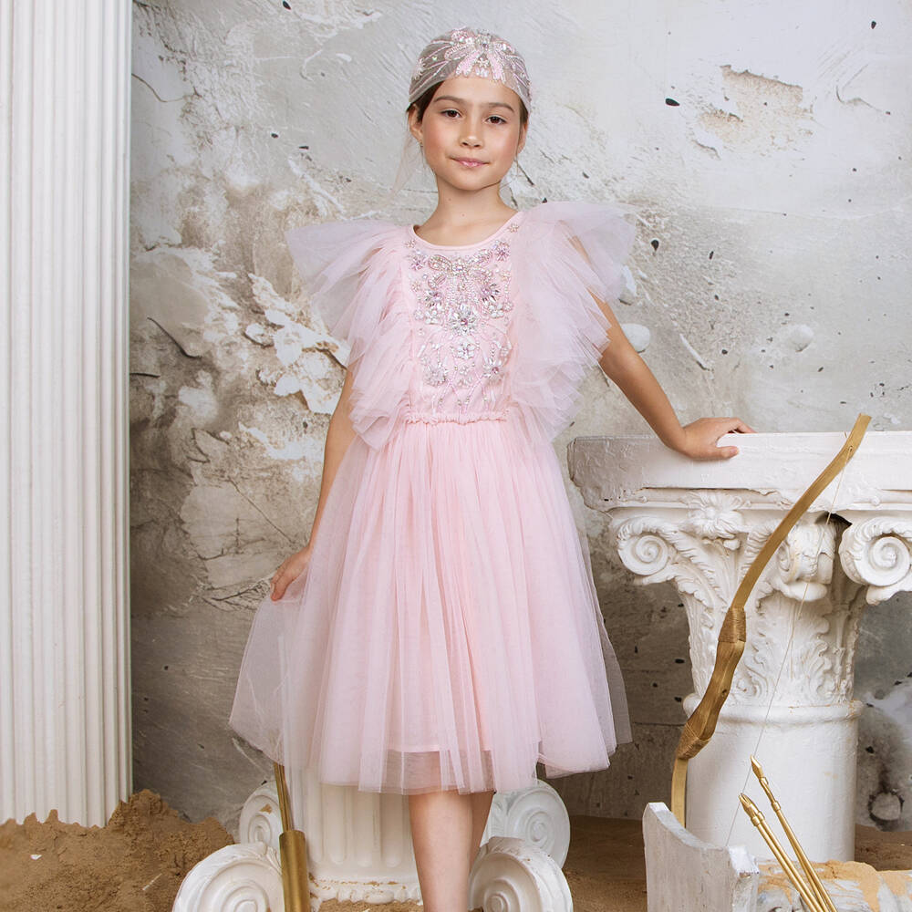 Tutu du Monde-Girls Pink Tulle Dress with Jewelled Bow & Flowers | Childrensalon
