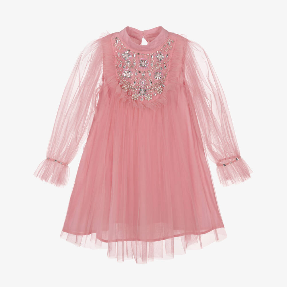 Tutu du Monde-Girls Pink Tulle Long Sleeved Dress with Diamantés | Childrensalon