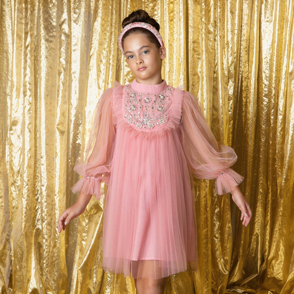 Tutu du Monde-Платье розовое из тюля с длинными рукавами и стразами для девочек | Childrensalon
