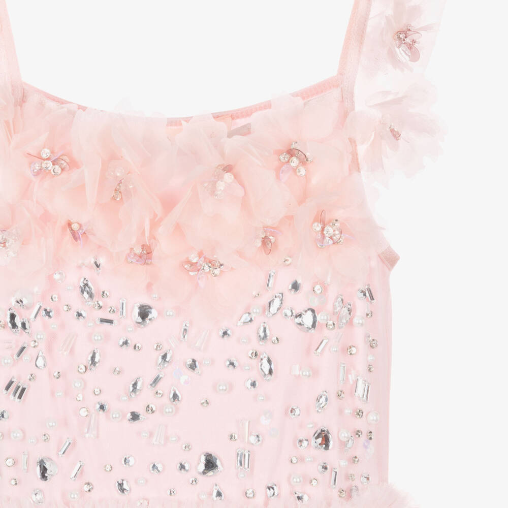 Tutu du Monde-Girls Pink Tulle Tiered Maxi Dress with Flowers & Gems | Childrensalon