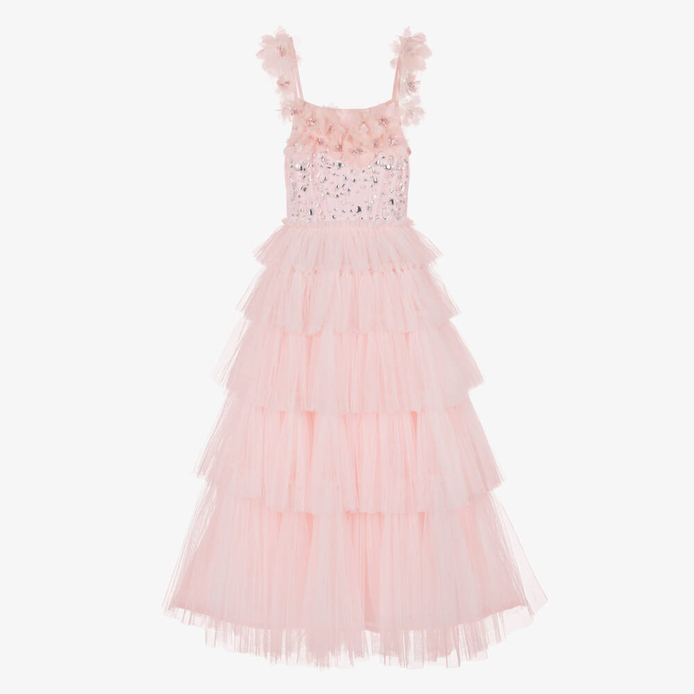 Tutu du Monde-Girls Pink Tulle Tiered Maxi Dress with Flowers & Gems | Childrensalon