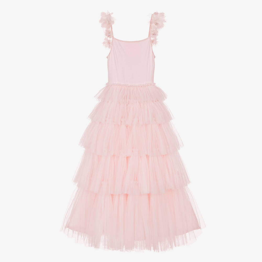 Tutu du Monde-Girls Pink Tulle Tiered Maxi Dress with Flowers & Gems | Childrensalon