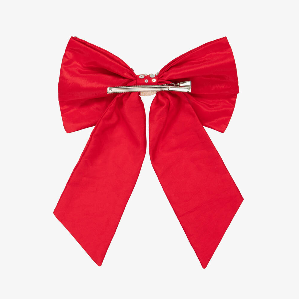 Tutu du Monde-Girls Red Satin Bow Hair Clip with Silver Sequins  | Childrensalon