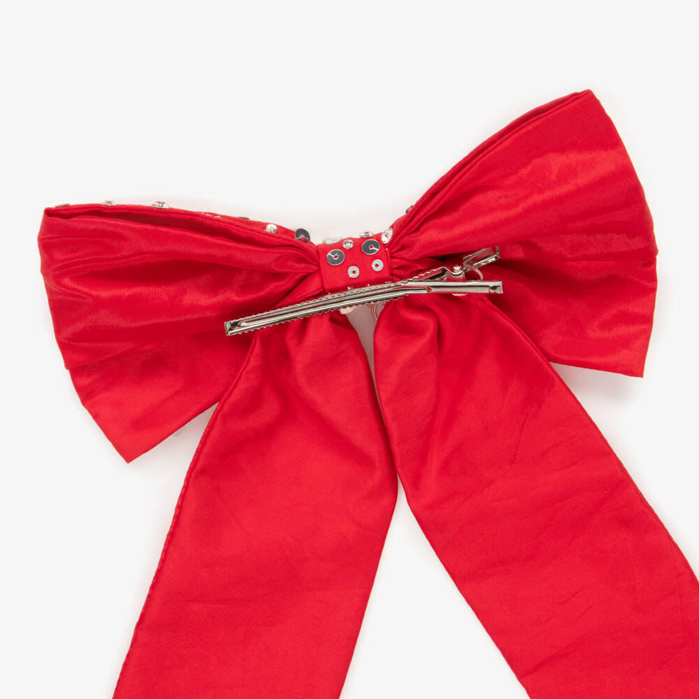 Tutu du Monde-Girls Red Satin Bow Hair Clip with Silver Sequins  | Childrensalon