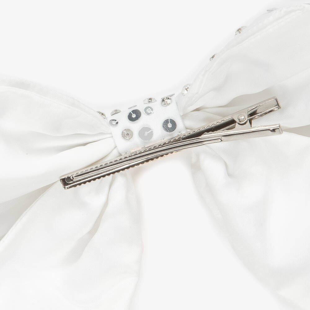 Tutu du Monde-Girls White Satin Bow Hair Clip with Silver Sequins (18cm) | Childrensalon