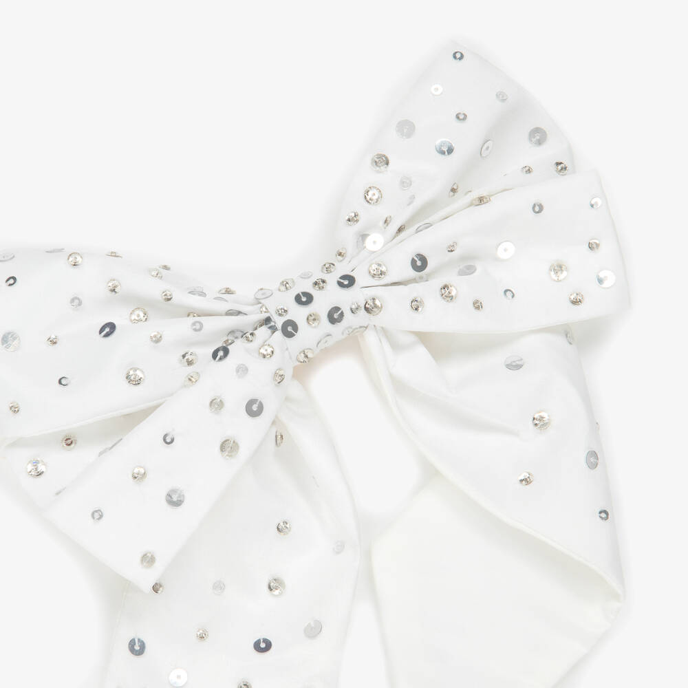 Tutu du Monde-Girls White Satin Bow Hair Clip with Silver Sequins (18cm) | Childrensalon