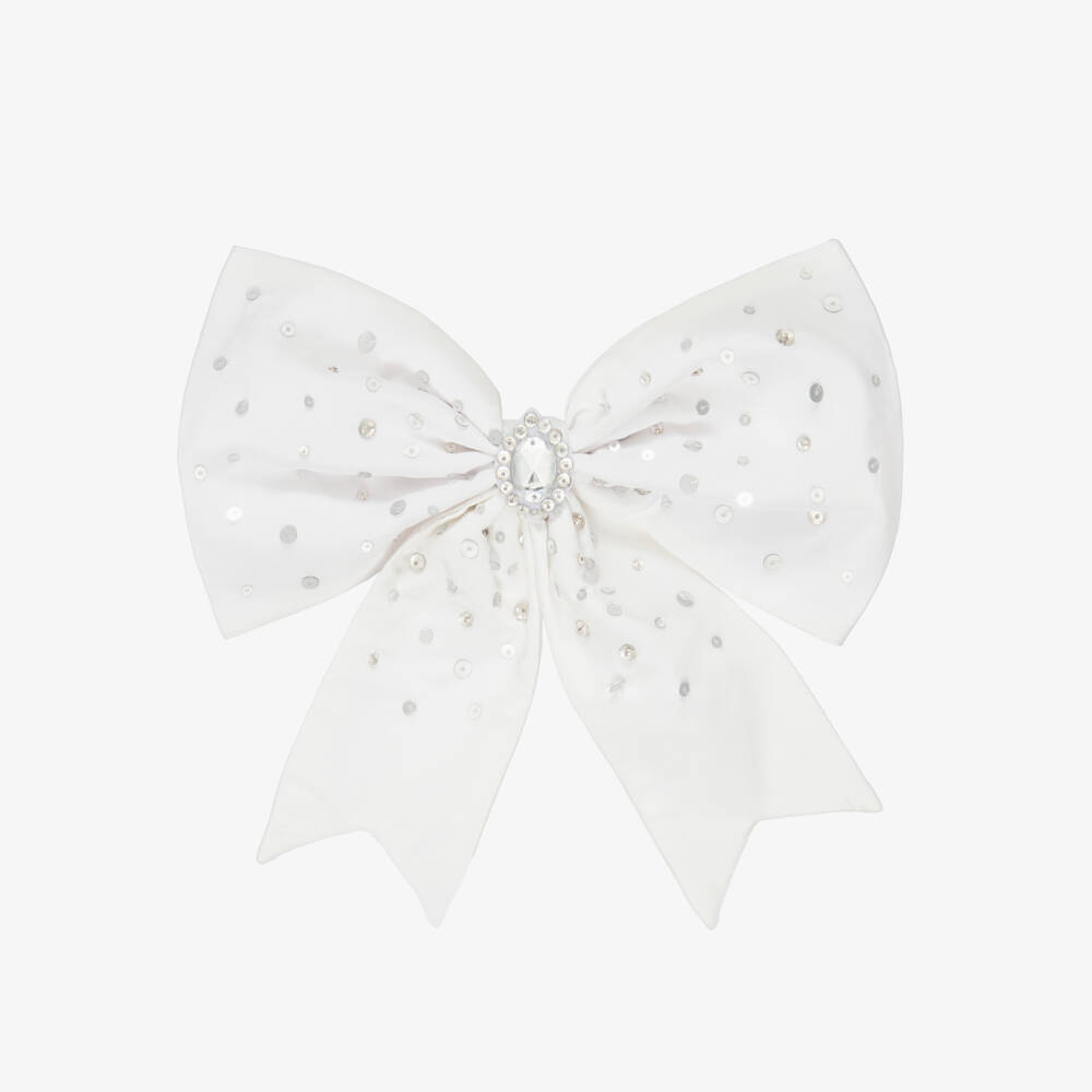 Tutu du Monde-Girls White Sequin & Rhinestone Satin Bow Hair Clip (21cm) | Childrensalon