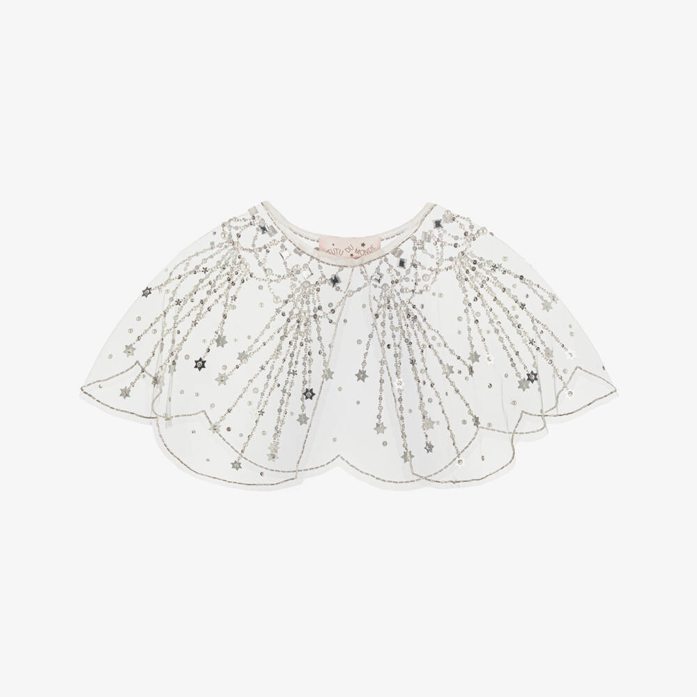Tutu du Monde-Girls White Tulle Cape with Silver Stars, Pearls & Diamantés | Childrensalon