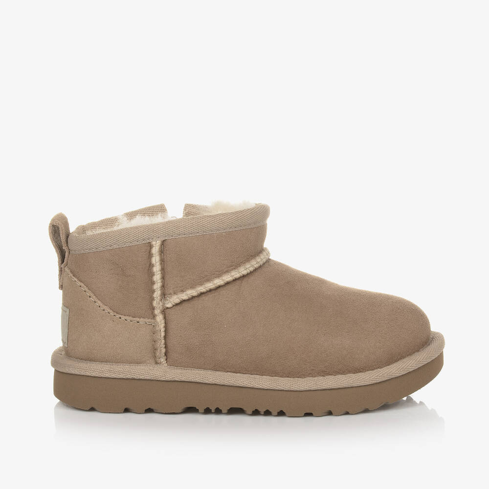UGG-Beige Classic Ultra Mini Suede Leather Boots | Childrensalon