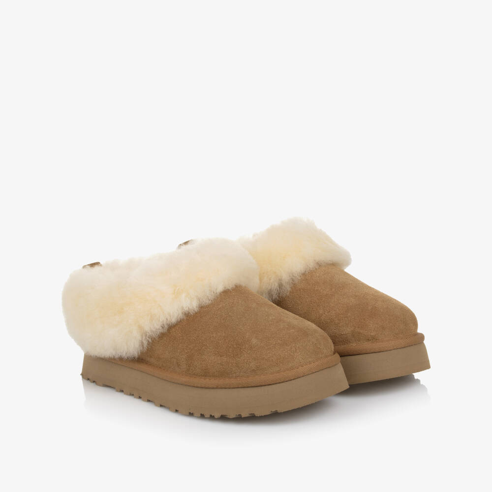 UGG-Girls Chestnut Brown Suede Tazzelle Slippers | Childrensalon