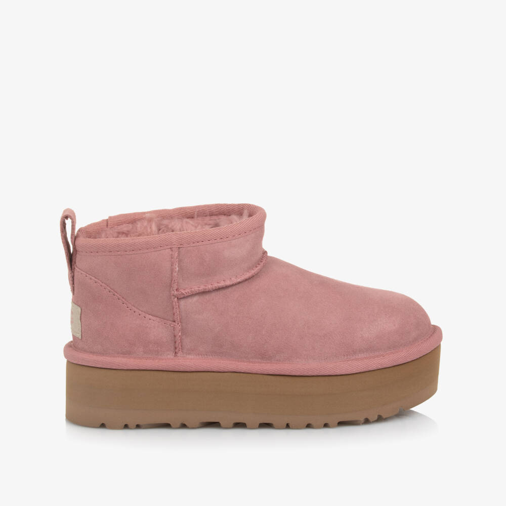 UGG-Girls Pink Suede Classic Ultra Mini Platform Boots | Childrensalon