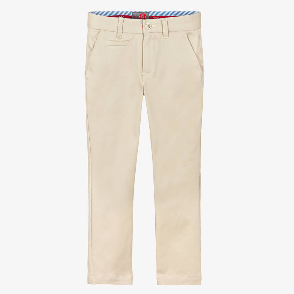 Varones One-Boys Beige Cotton Trousers with Adjustable Waist | Childrensalon