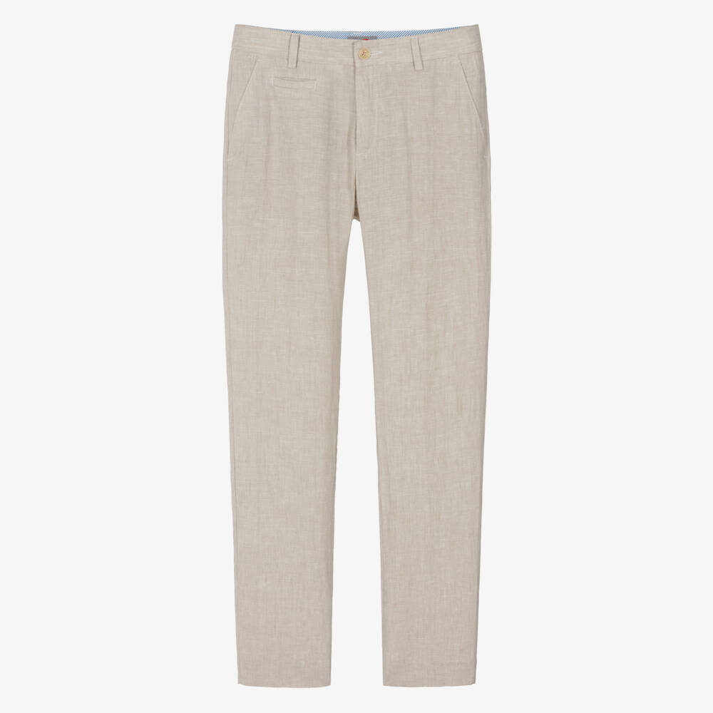 Varones One-Boys Beige Linen Trousers with Adjustable Waist | Childrensalon