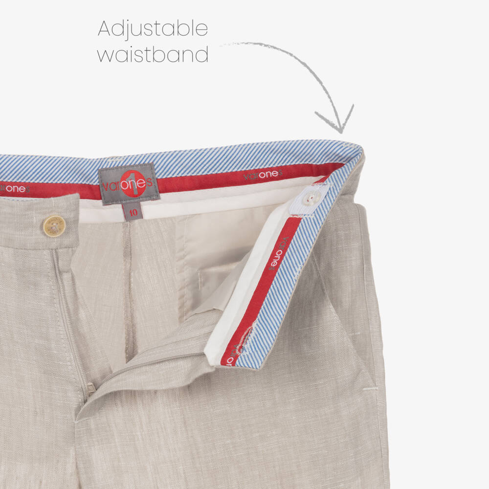 Varones One-Boys Beige Linen Trousers with Adjustable Waist | Childrensalon