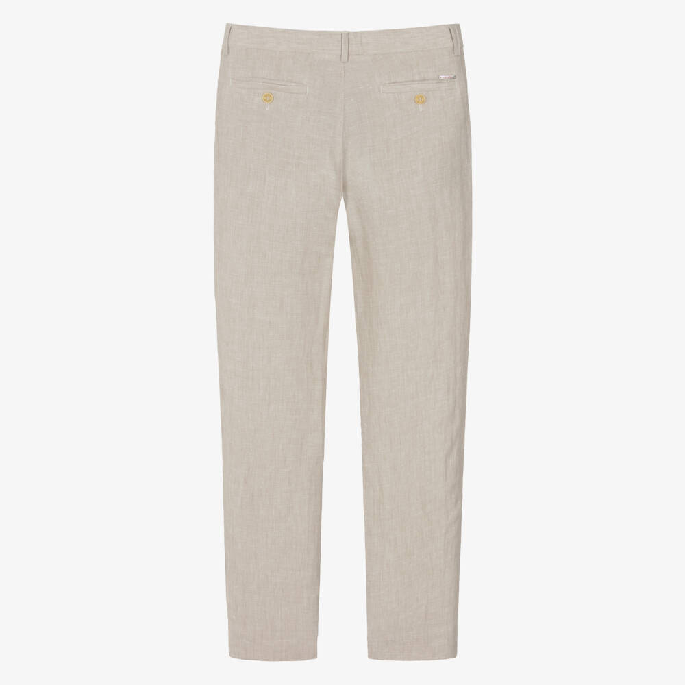 Varones One-Boys Beige Linen Trousers with Adjustable Waist | Childrensalon