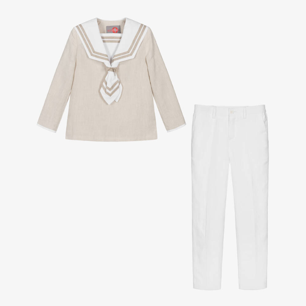 Varones One-Boys Beige Sailor Top & White Trouser Set | Childrensalon