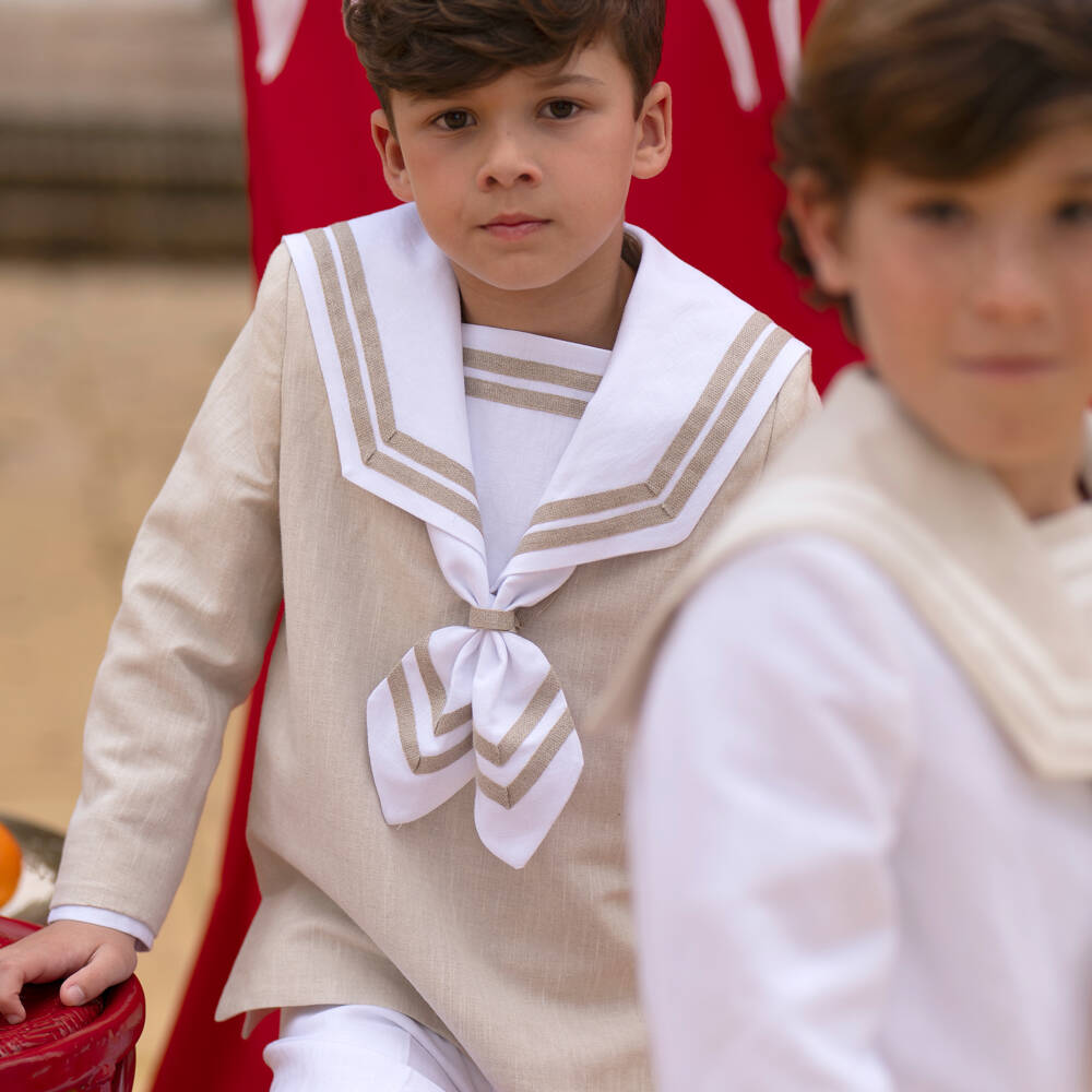 Varones One-Boys Beige Sailor Top & White Trouser Set | Childrensalon