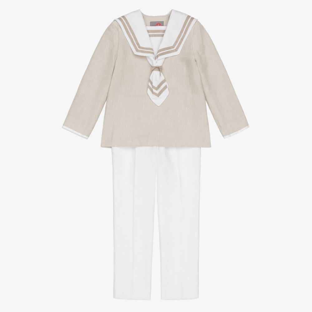 Varones One-Boys Beige Sailor Top & White Trouser Set | Childrensalon