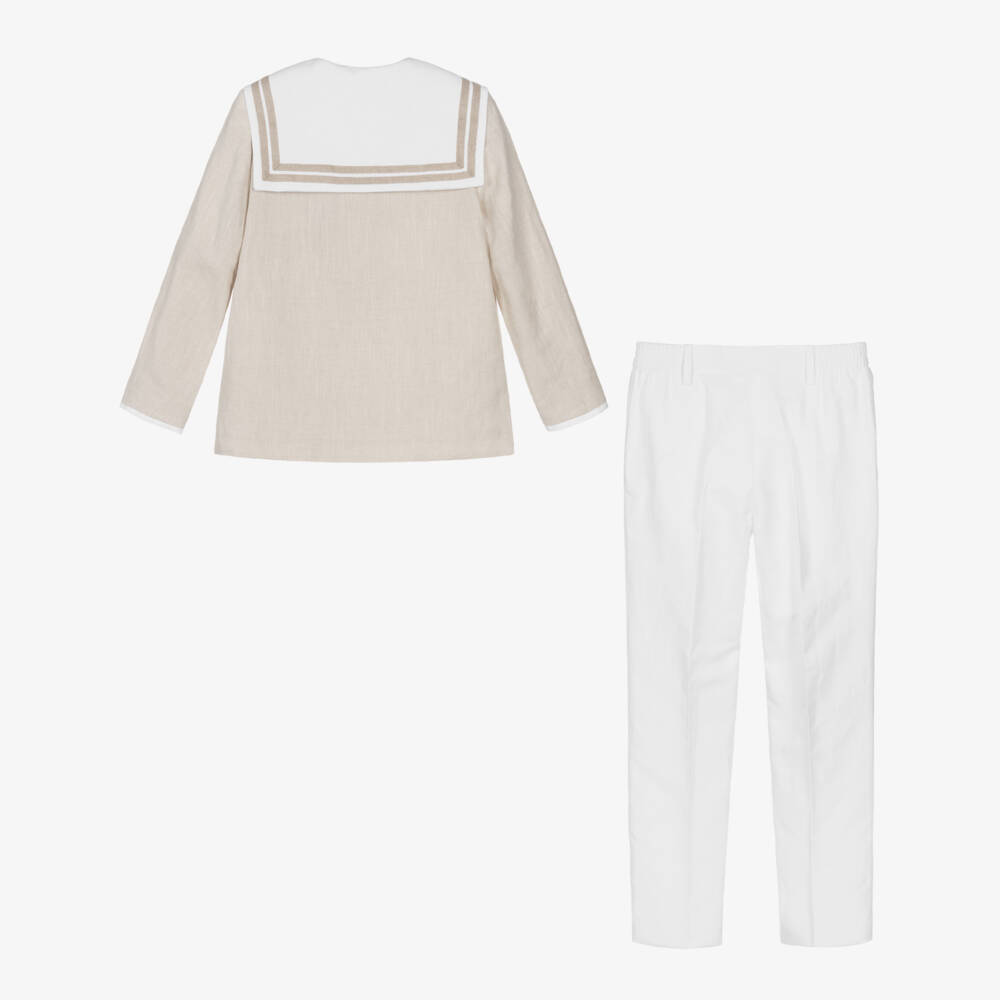 Varones One-Boys Beige Sailor Top & White Trouser Set | Childrensalon