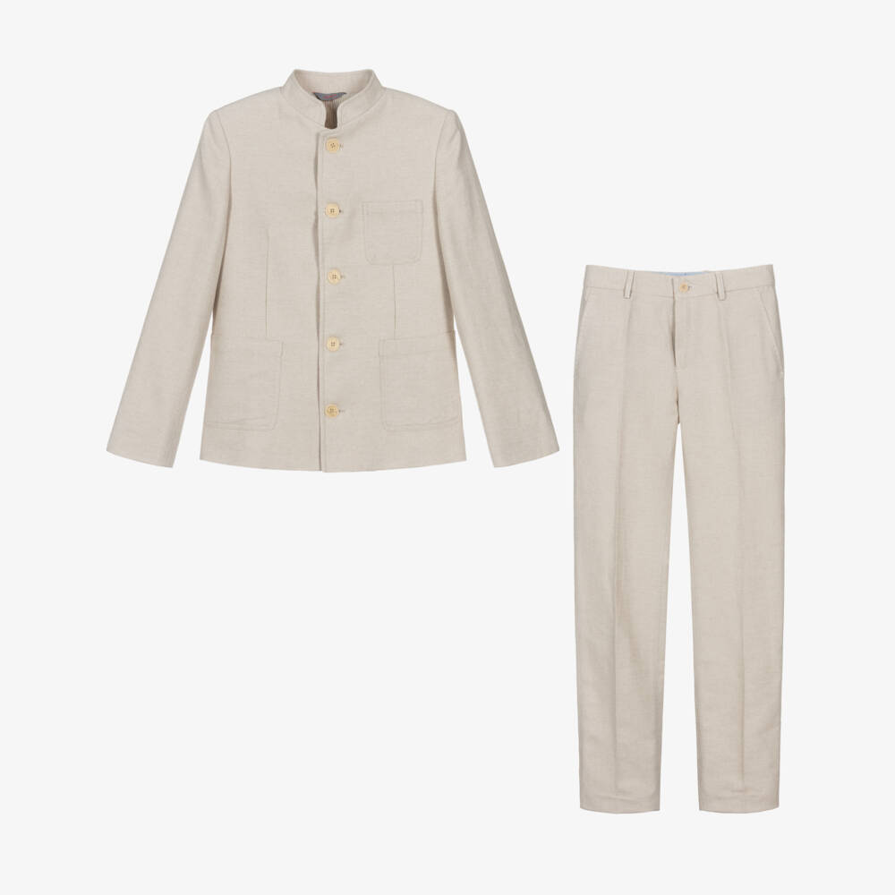 Varones One-Boys Beige Suit with Stand-Up Collar | Childrensalon
