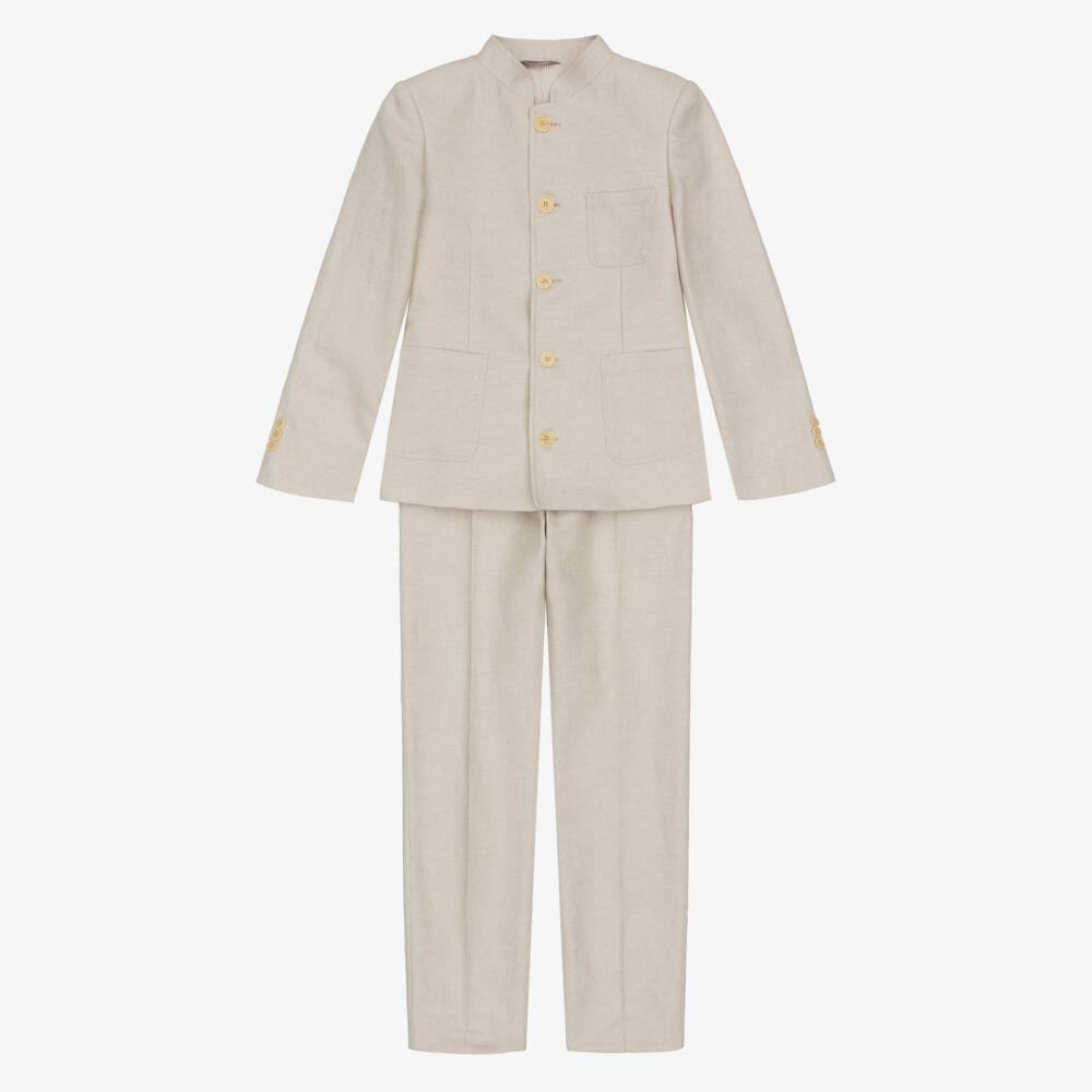 Varones One-Boys Beige Suit with Stand-Up Collar | Childrensalon
