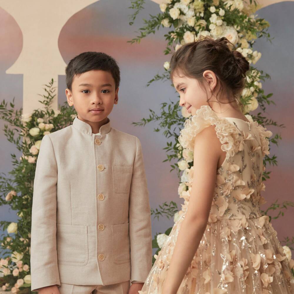 Varones One-Boys Beige Suit with Stand-Up Collar | Childrensalon