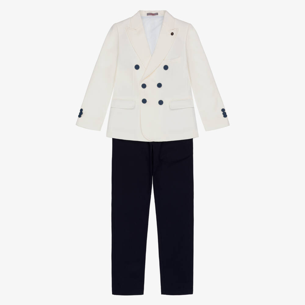 Varones One-Boys Ivory & Navy Blue Double Breasted Suit | Childrensalon
