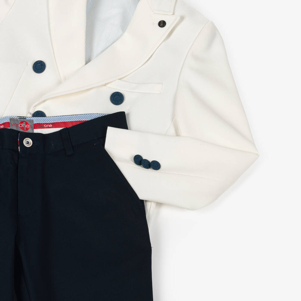 Varones One-Boys Ivory & Navy Blue Double Breasted Suit | Childrensalon