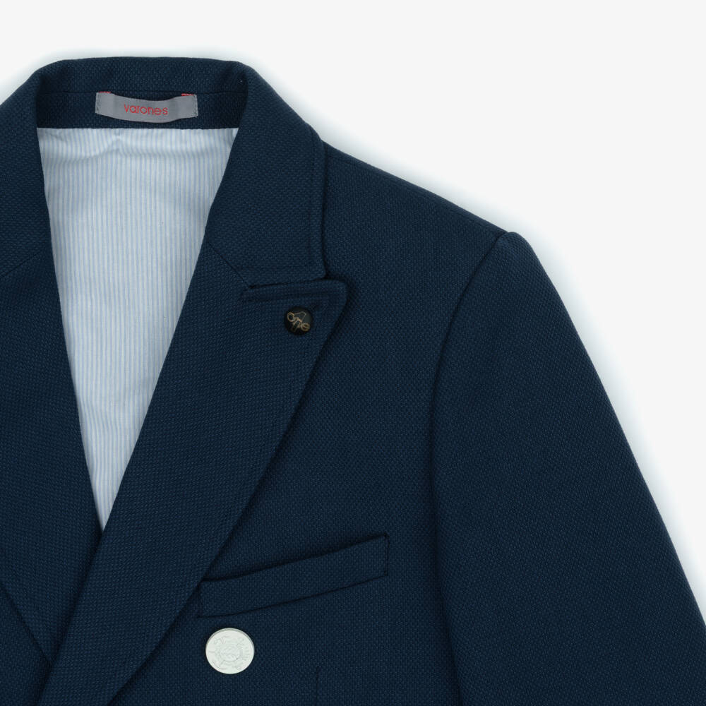 Varones One-Boys Navy Blue & Beige Double Breasted Suit | Childrensalon