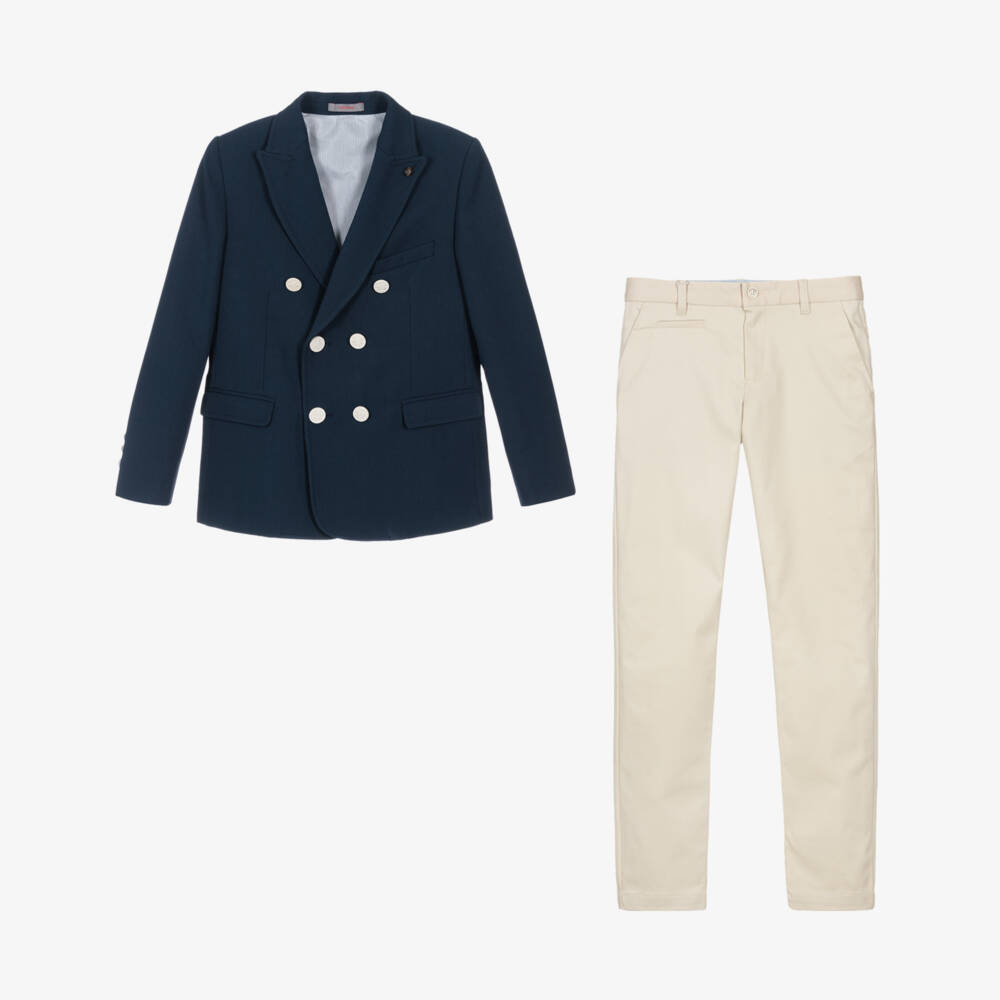 Varones One-Boys Navy Blue & Beige Double Breasted Suit | Childrensalon