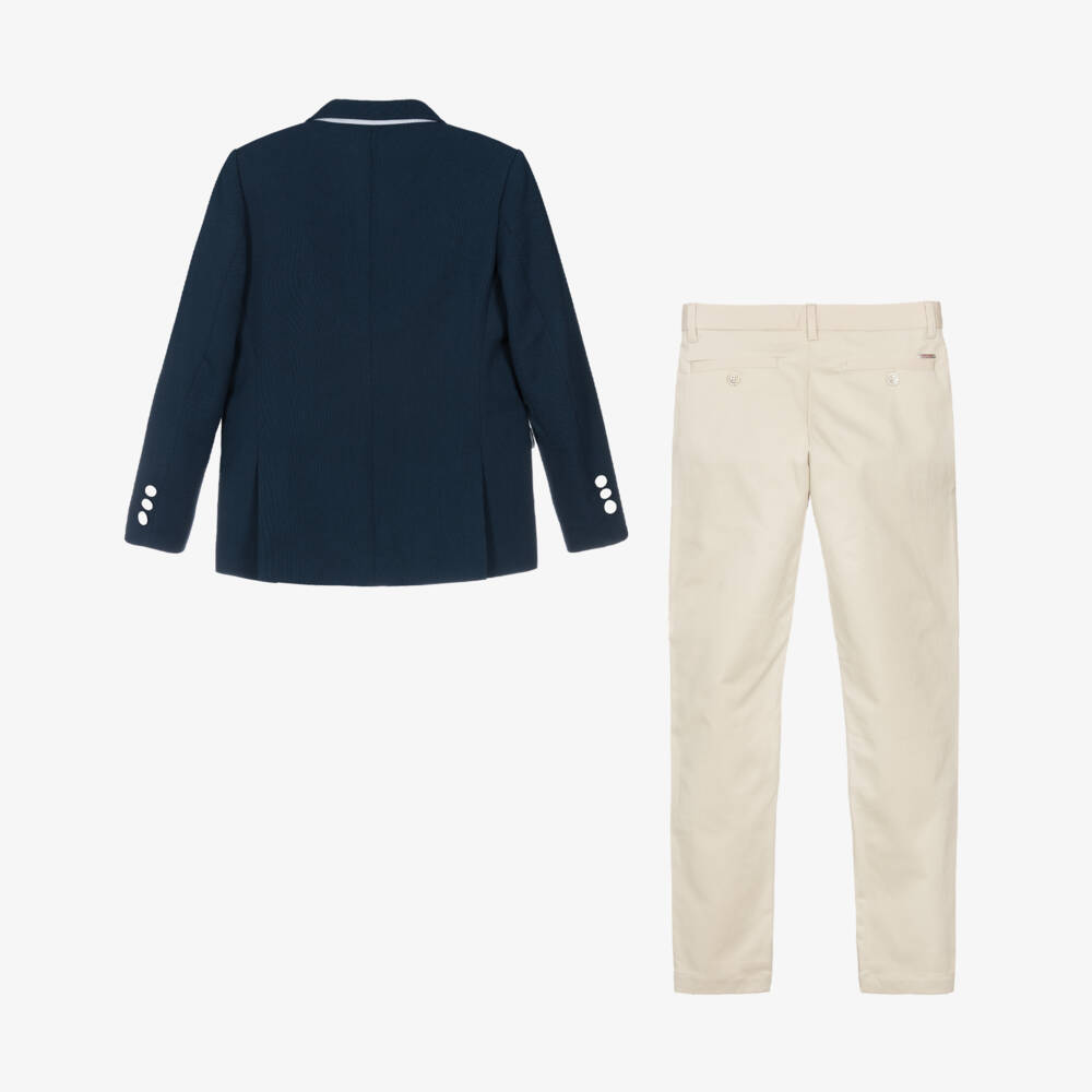 Varones One-Boys Navy Blue & Beige Double Breasted Suit | Childrensalon