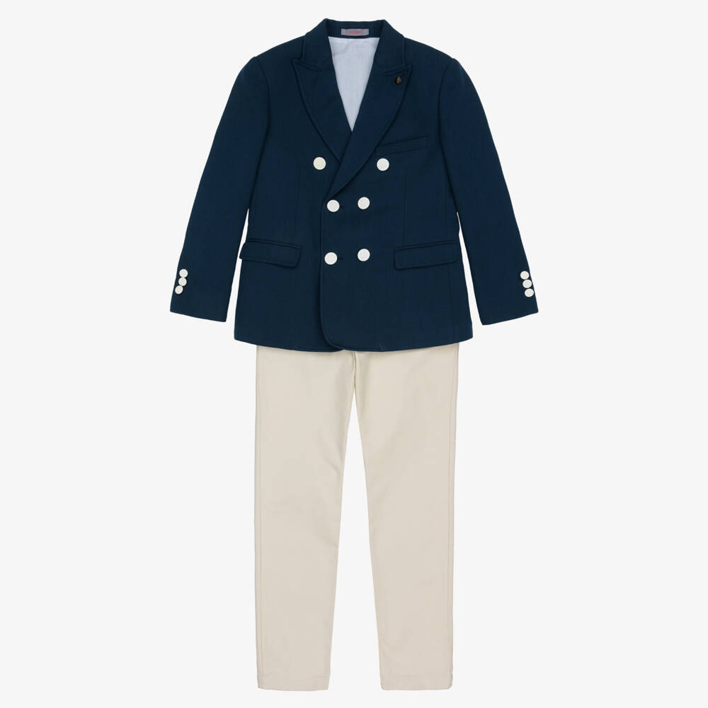 Varones One-Boys Navy Blue & Beige Double Breasted Suit | Childrensalon