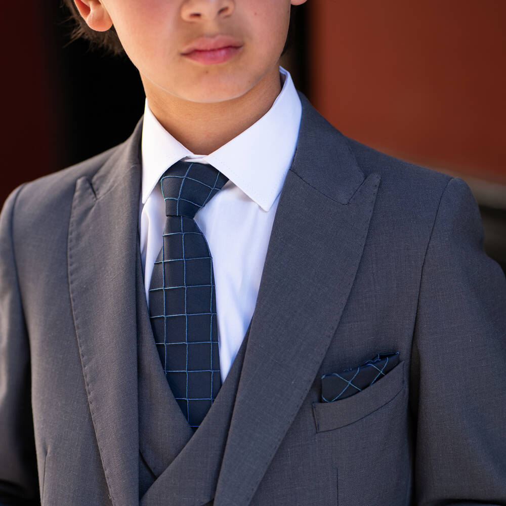Varones One-Boys Navy Blue Check Pattern Tie | Childrensalon