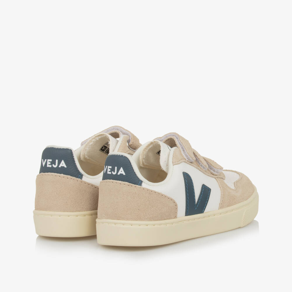 VEJA-Beige, White & Green V-10 Leather Trainers | Childrensalon