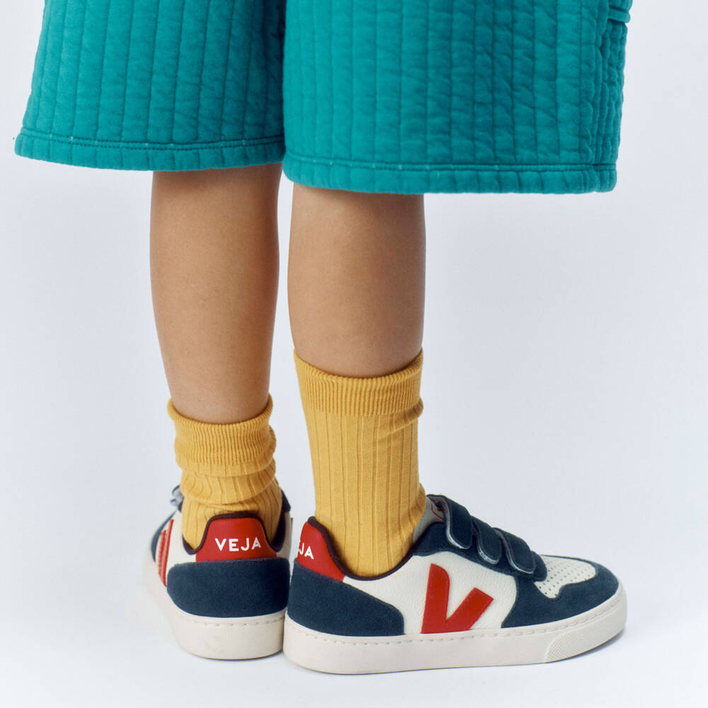 VEJA-Blue, Ivory & Red V-10 Leather Trainers | Childrensalon