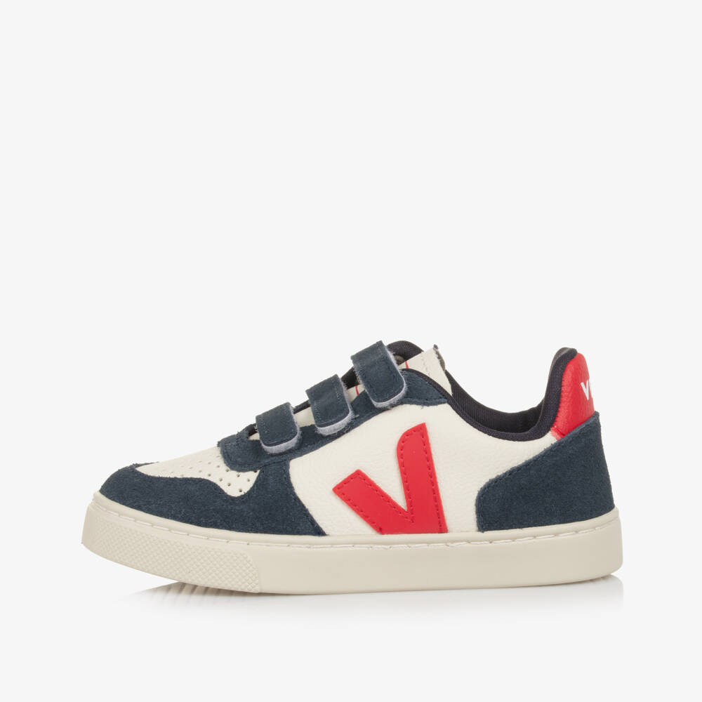 VEJA-Blue, Ivory & Red V-10 Leather Trainers | Childrensalon