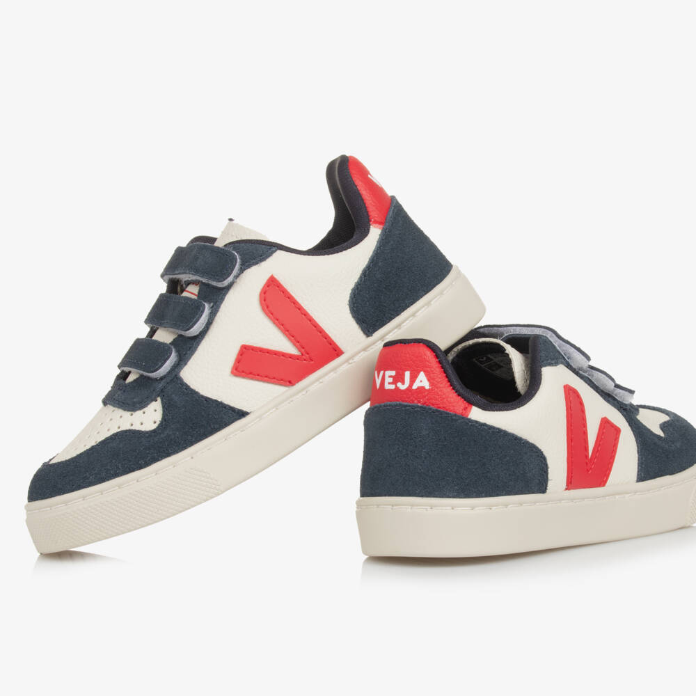 VEJA-Blue, Ivory & Red V-10 Leather Trainers | Childrensalon