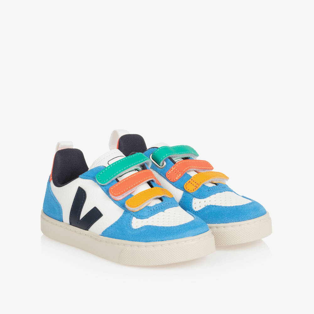VEJA-Blue Leather & Black V-10 Trainers | Childrensalon
