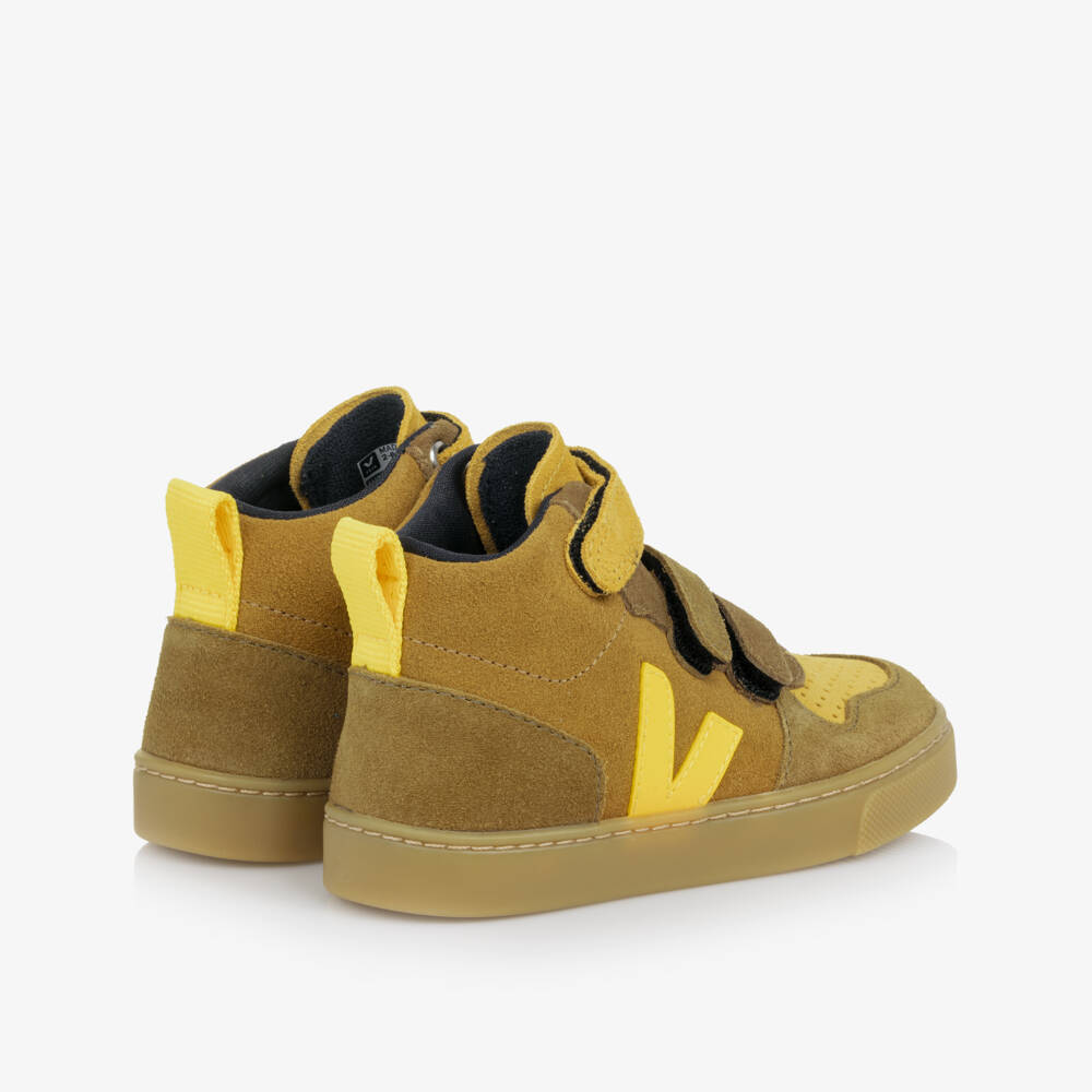 VEJA-Boys Beige & Yellow Suede Leather V-10 High-Top Trainers | Childrensalon