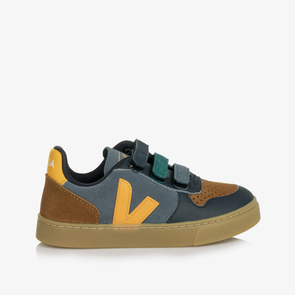 VEJA-Boys Blue, Brown & Yellow Suede Leather V-10 Trainers | Childrensalon