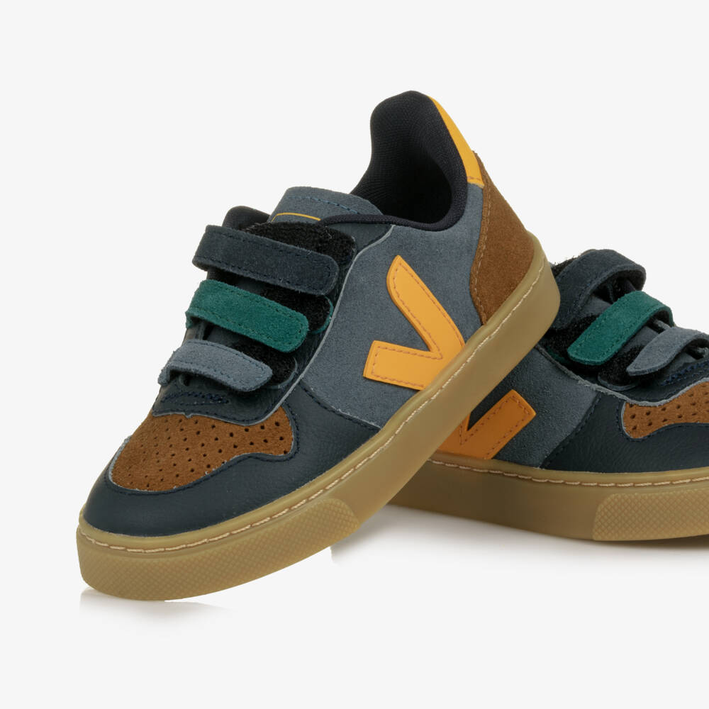 VEJA-Boys Blue, Brown & Yellow Suede Leather V-10 Trainers | Childrensalon