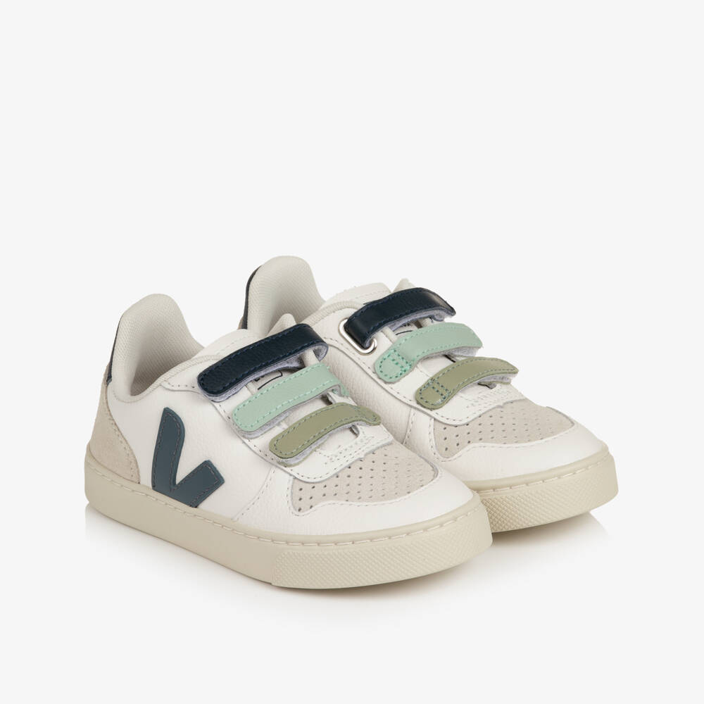 VEJA-Boys White & Blue V-10 Leather Trainers | Childrensalon