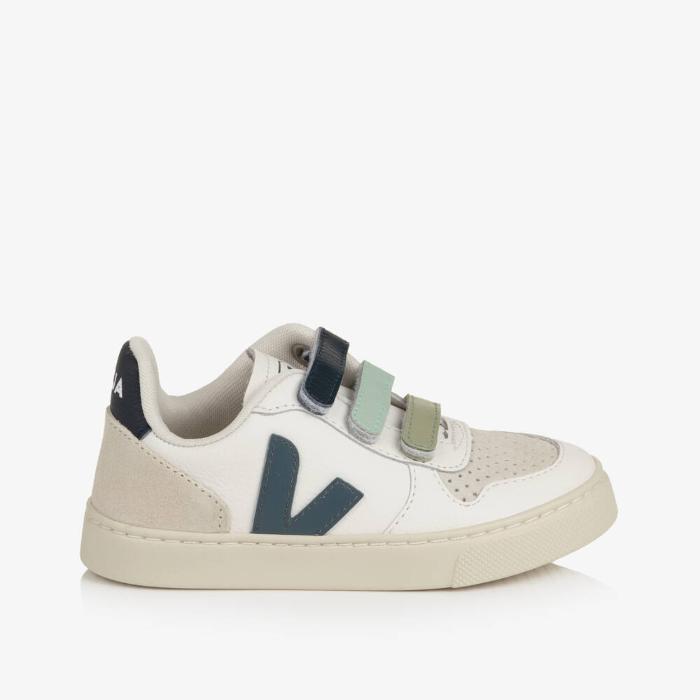 VEJA-Boys White & Blue V-10 Leather Trainers | Childrensalon