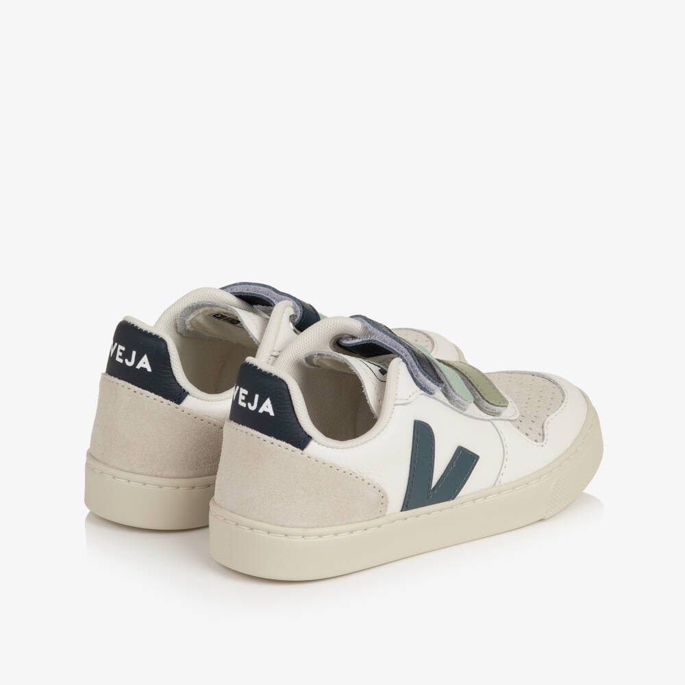 VEJA-Boys White & Blue V-10 Leather Trainers | Childrensalon