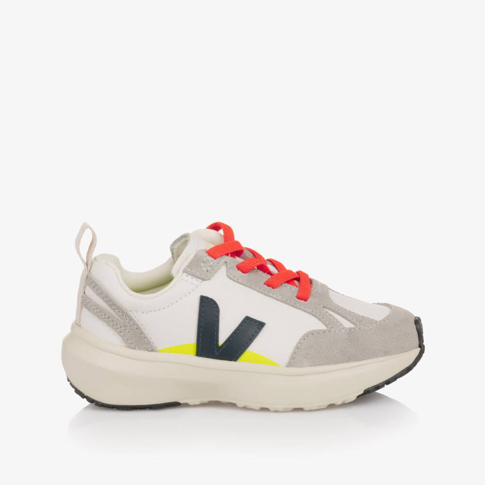 VEJA-Boys White & Grey Leather Canary Trainers | Childrensalon