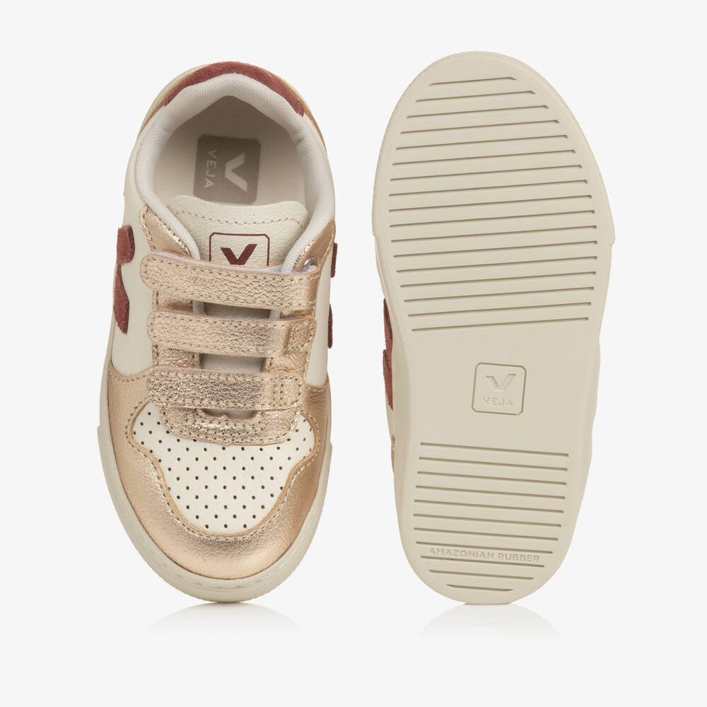VEJA-Girls Gold & Pink V-10 Leather Trainers | Childrensalon
