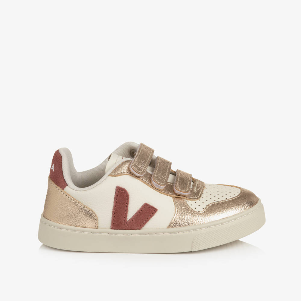 VEJA-Girls Gold & Pink V-10 Leather Trainers | Childrensalon