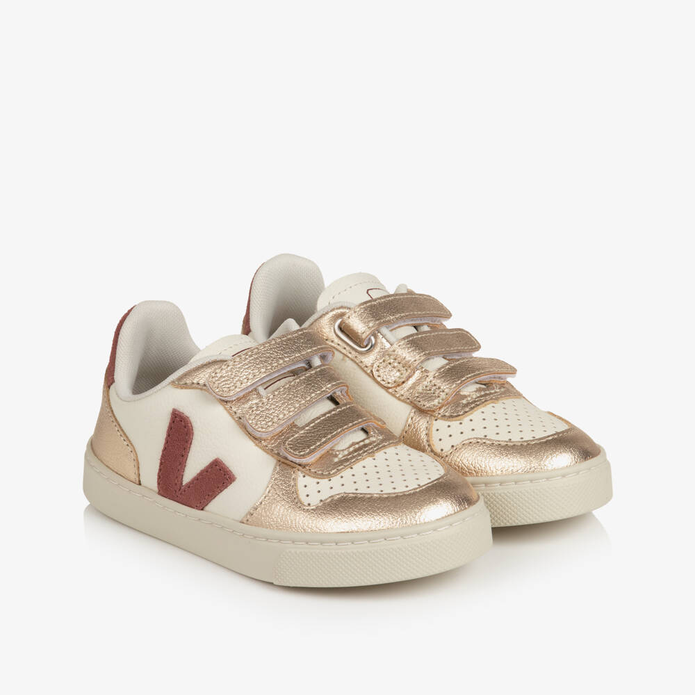 VEJA-Girls Gold & Pink V-10 Leather Trainers | Childrensalon