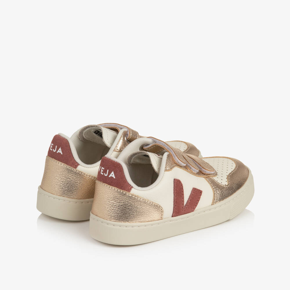 VEJA-Girls Gold & Pink V-10 Leather Trainers | Childrensalon